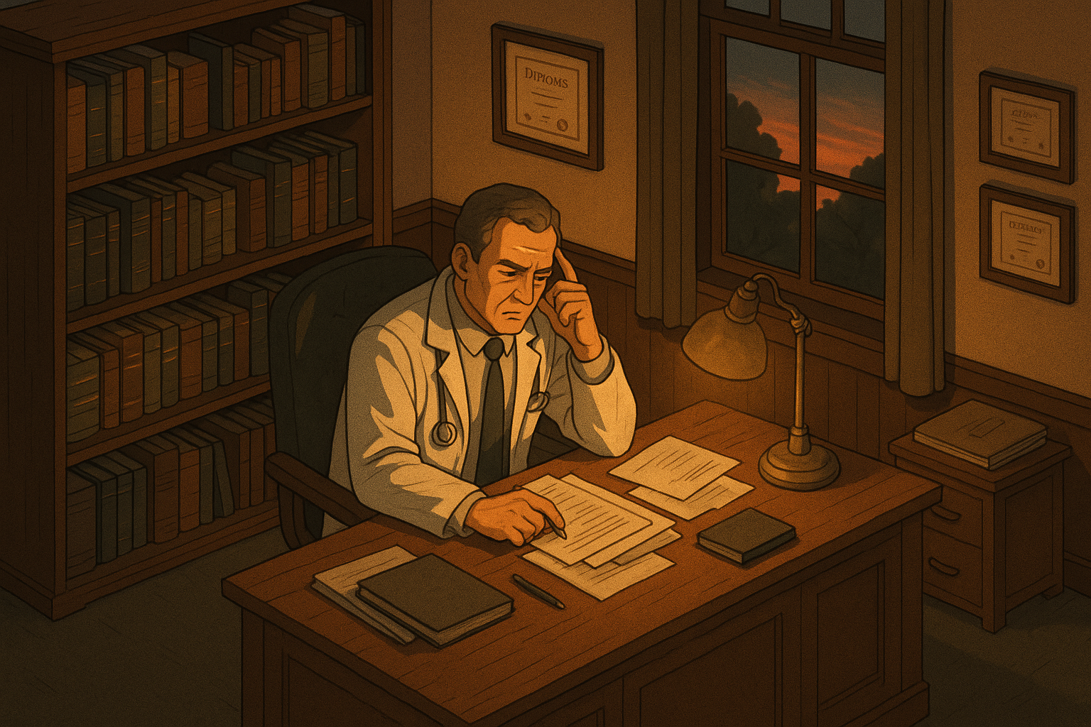 isometric In a warmly lit cluttered office filled with medical books and framed diplomas a middleaged doctor sits at a large oak desk his brow furrowe
