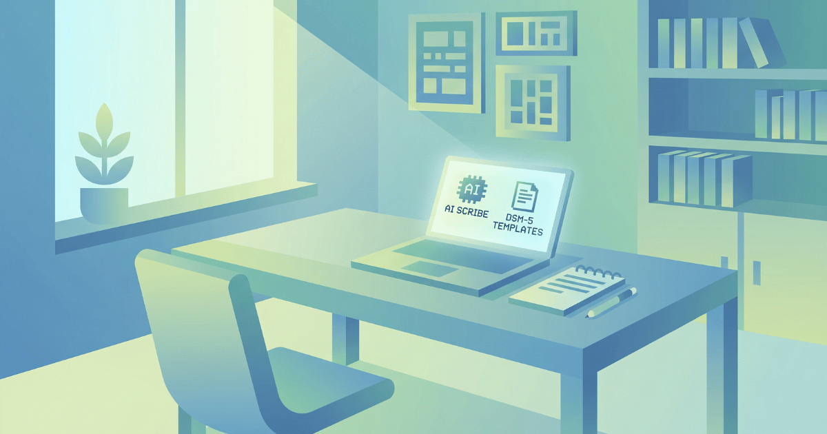 The image depicts a modern psychiatric office setting, where a clinician is seated at a sleek, minimalistic desk adorned with a computer displaying a vibrant electronic health record (EHR) system. The room is softly lit, featuring calming colors and artwork that promotes a sense of tranquility. On the desk, a tablet is visible, showcasing an AI scribe interface filled with structured notes, including sections for mental status examinations and treatment plans. In the background, a comfortable therapy chair is positioned next to a window with sheer curtains, allowing natural light to filter in. A small plant sits on the windowsill, adding a touch of greenery. The atmosphere conveys professionalism and care, emphasizing the integration of technology into psychiatric practice to enhance patient outcomes and maintain privacy.