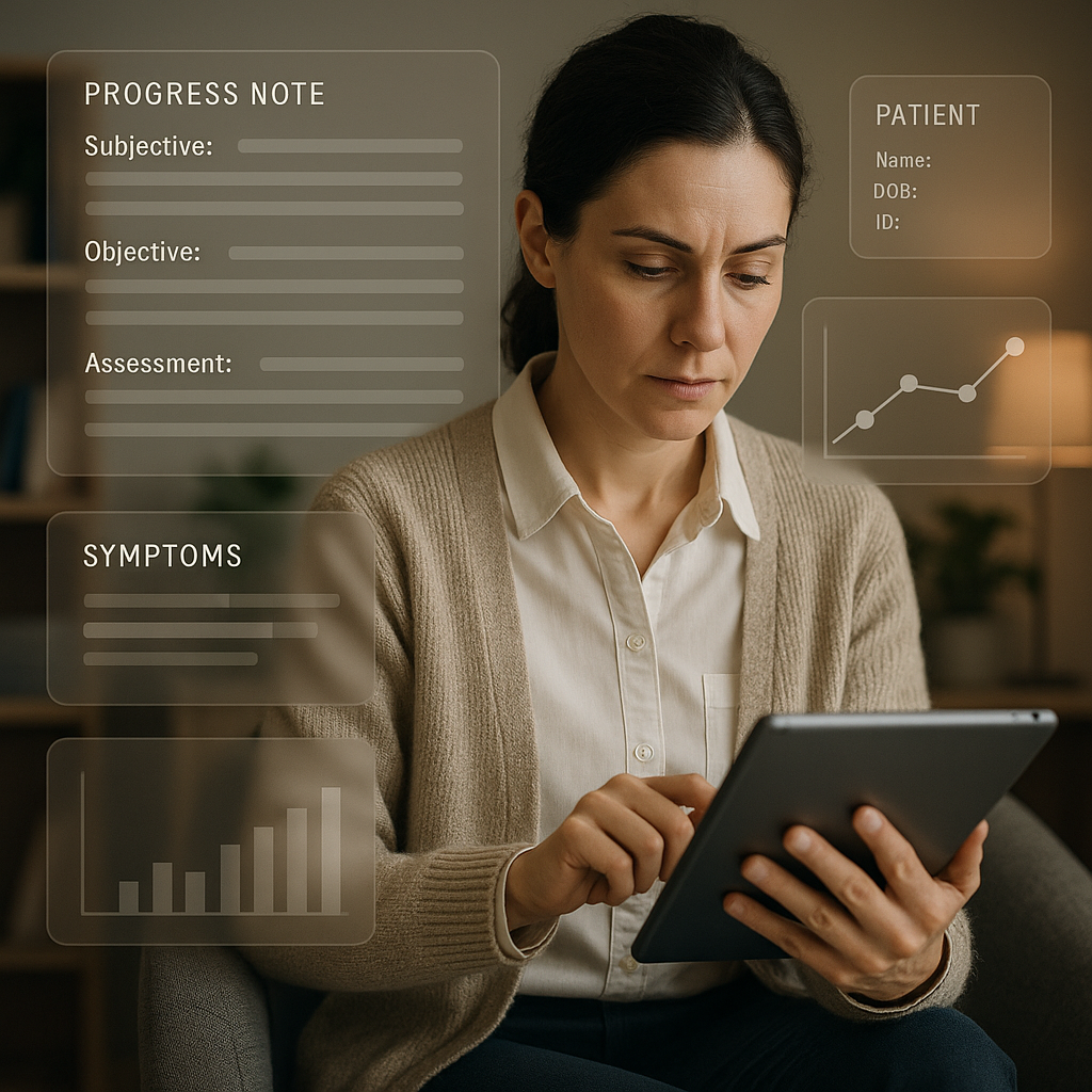 A focused clinician using a digital tablet in a pr